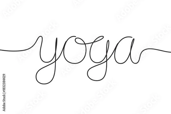 Fototapeta Elegant single-line art spelling 'yoga' in black cursive on a clean white background, representing peace and mindfulness.