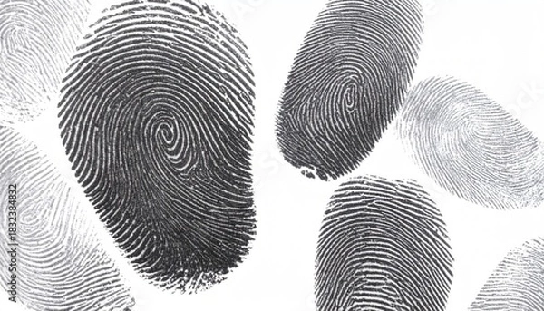Fototapeta Multiple Black and Grey Fingerprints on White Background for Biometric Identification
