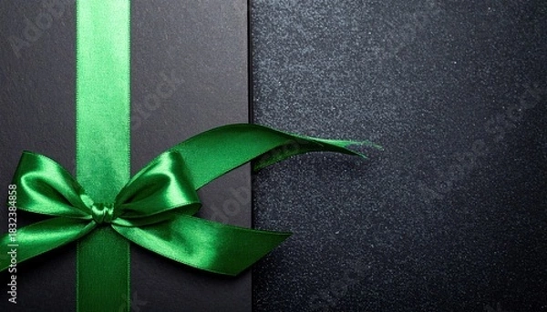 Fototapeta Elegant Black Background with Vibrant Green Satin Ribbon and Bow for Gift Presentation