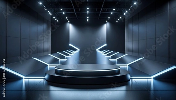 Fototapeta Futuristic empty stage with glowing blue neon lights, a circular podium, and geometric architecture, perfect for product launches and virtual events.