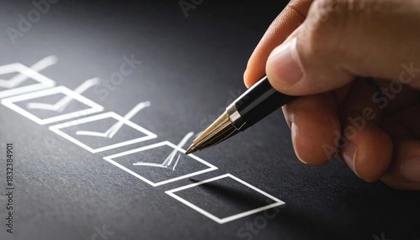 Fototapeta Close-up of a hand marking a checkbox with a pen on a black paper checklist, signifying task completion or selection.