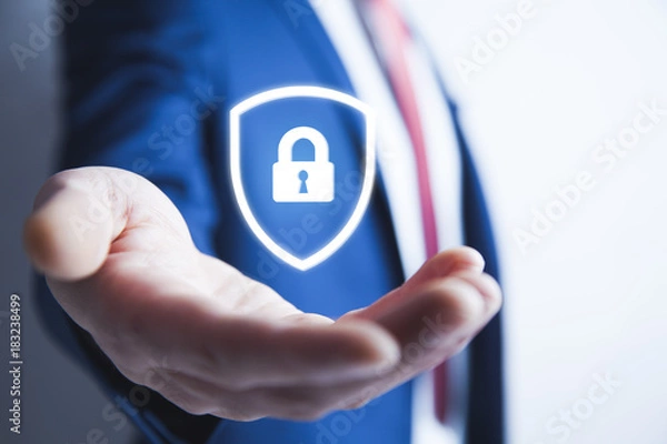 Obraz Businessman hand digital padlock