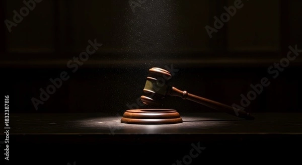Obraz Gavel on the Bench in Courtroom with Dramatic Lighting