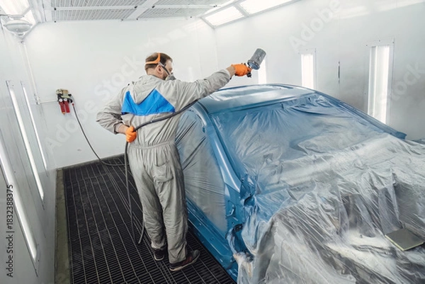 Obraz Professional painter in a protective suit spraying paint onto the car body inside a clean, modern spray booth. High quality automotive repair and bodywork service maintenance for vehicles.