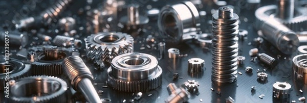 Fototapeta A Detailed Collection of Precision Engineered Metal Components Showcasing Various Gears, Springs, and Fasteners on a Dark Background