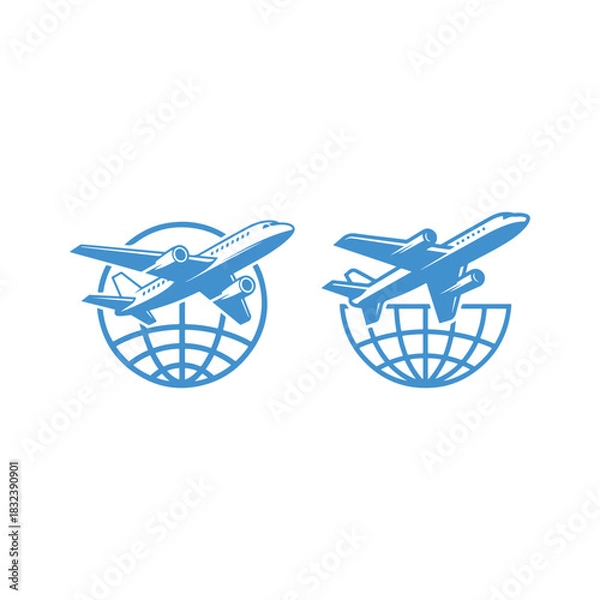 Fototapeta a blue logo depicting two airplanes flying around a globe representing worldwide travel and logistics in silhouette high quality
