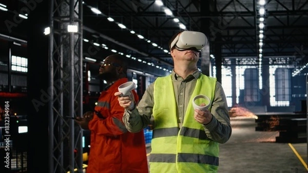 Fototapeta Technician uses virtual reality equipment to review construction and fabrication tasks, highlighting engineering precision for workforce development. Modern manufacturing production.