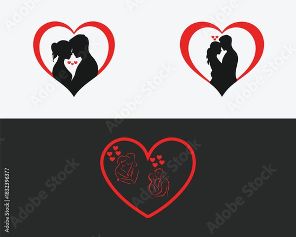 Obraz Three red heart outlines containing silhouette couples and small red hearts valentine love