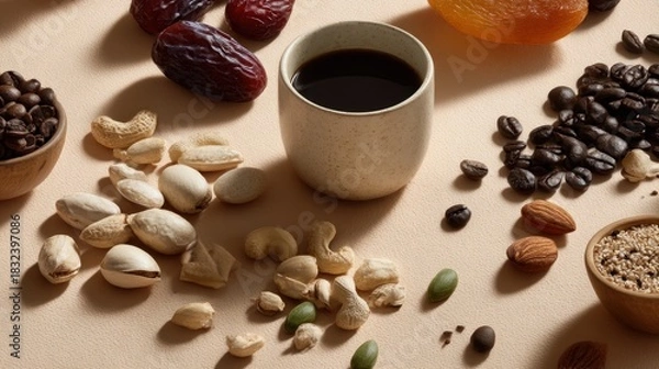 Fototapeta Aromatic coffee break composition with dates, nuts and coffee grains