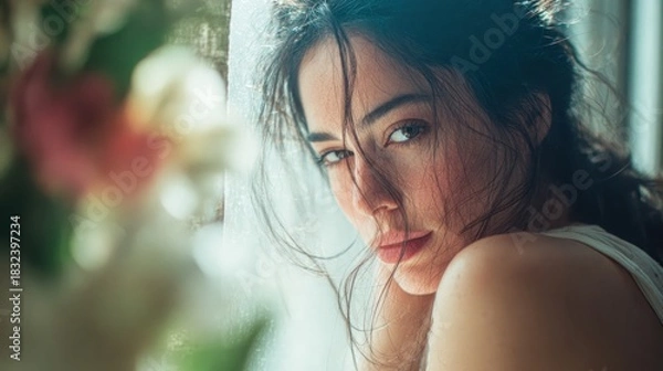 Fototapeta Intense gaze: A woman's captivating portrait with blurred floral accents