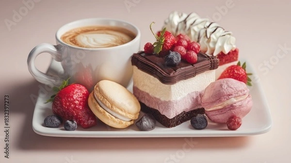 Fototapeta Delicious dessert platter with coffee, cake, macarons and fresh berries