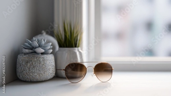 Fototapeta Elegant Still Life Composition with Sunglasses and Succulents on a Windowsill