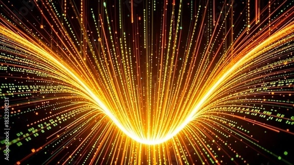 Obraz digital neon gold beam in V shape wing with fiber optic line particle, sci-fi mystique and energy