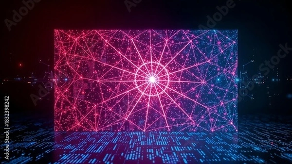 Obraz digital virtual stage screen panel display with neon web network matrix grid line on reflective shiny landscape