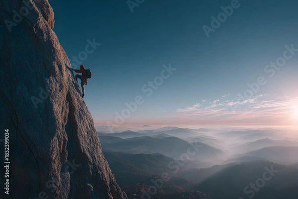 Fototapeta Success, life goals, and taking risk concept. Man climbing up a edge of a mountain.