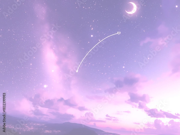 Obraz 紫色の夜空と三日月とハートを描く流れ星のイラスト