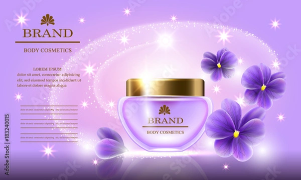 Obraz Cosmetic beauty set of body cream for skin care with violets on a purple background. Template for banners, pages, presentations, advertising, vector illustration.