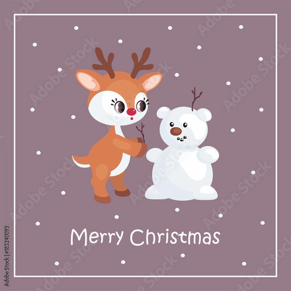 Fototapeta Christmas greeting card with the image of the little cute deer. Vector illustration.
