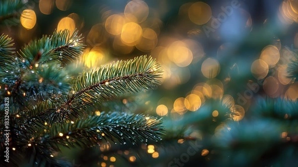 Fototapeta Warm golden bokeh behind dewy pine needles and festive evergreen branch detail