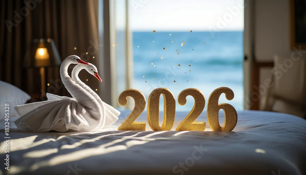 Fototapeta Elegant swan towel display with glittery 2026 decoration in sunlit beachfront room.