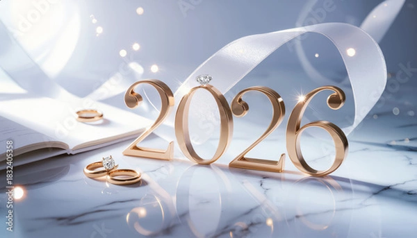 Fototapeta Golden 2026 wedding theme with rings and ribbon on marble surface.