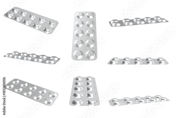 Fototapeta A set of multiple 3D-rendered empty silver metallic blister packs for pills or capsules shown from various angles, ready for product design mockup and isolation