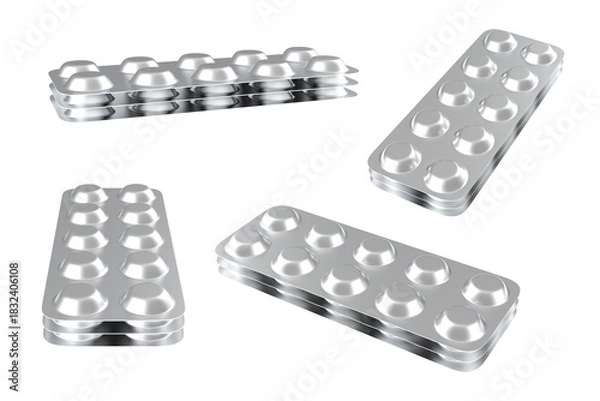 Fototapeta A set of multiple 3D-rendered empty silver metallic blister packs for pills or capsules shown from various angles, ready for product design mockup and isolation