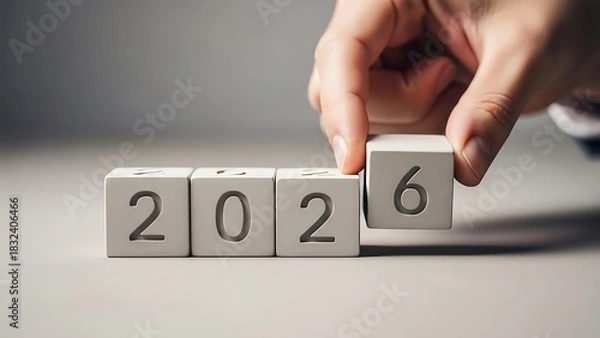 Obraz Hand arranging wooden blocks to complete the year '2026', representing the arrival of a new year, strategic planning, future goals, and the start of a fresh cycle