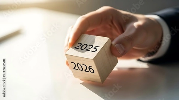 Obraz Future Planning A Hand Holding a Wooden Cube with the Years 2025 and 2026