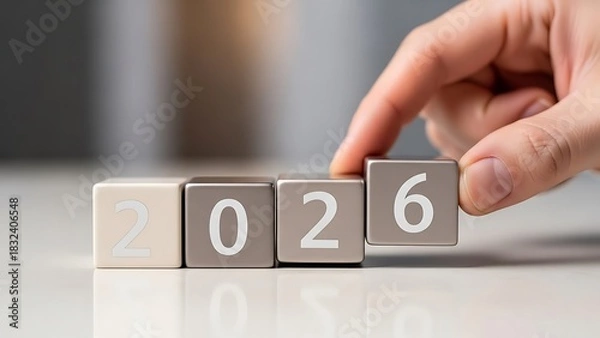 Obraz Dynamic Transition to 2026 A Hand Expertly Arranges Numeric Blocks, Symbolizing Swift Progress and Meticulous Planning for Future Opportunities and Growth