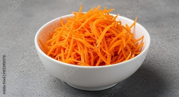 Obraz White bowl filled with shredded bright orange carrots on gray textured surface shredded carrots