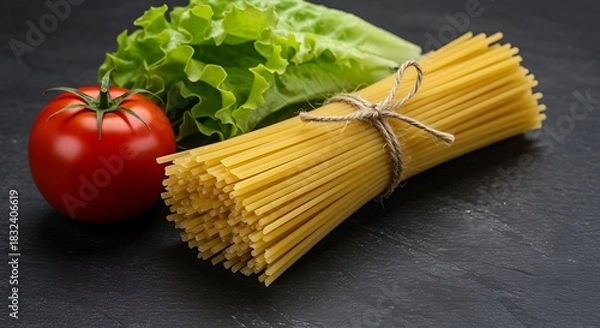 Fototapeta Red tomato green lettuce and spaghetti bundle on dark slate pasta uncooked pasta