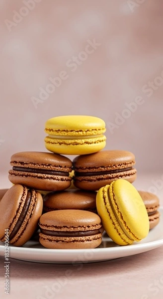 Fototapeta Stack of brown and yellow macarons with chocolate filling on white plate french macaron cookie