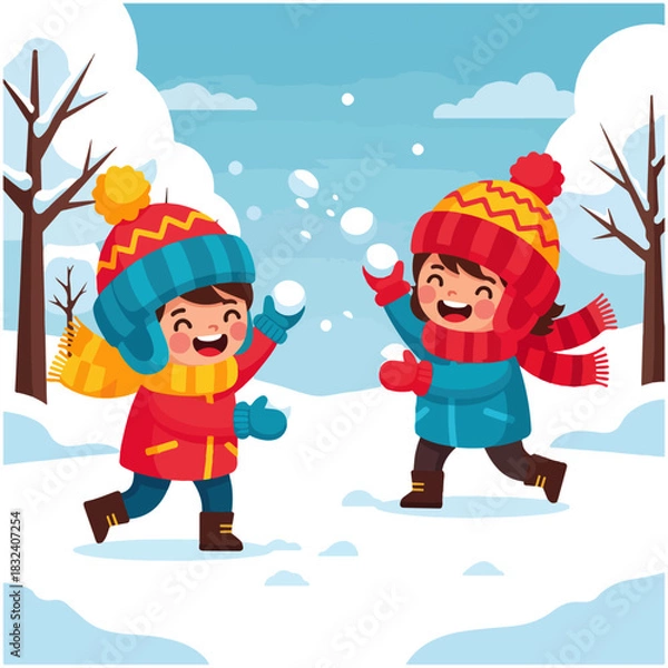 Obraz Two happy children, a boy and a girl, joyfully playing a snowball fight in a snowy winter landscape with trees.