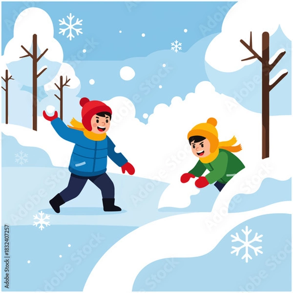 Obraz Two happy children playing a snowball fight in a snowy winter landscape with trees and falling snowflakes.