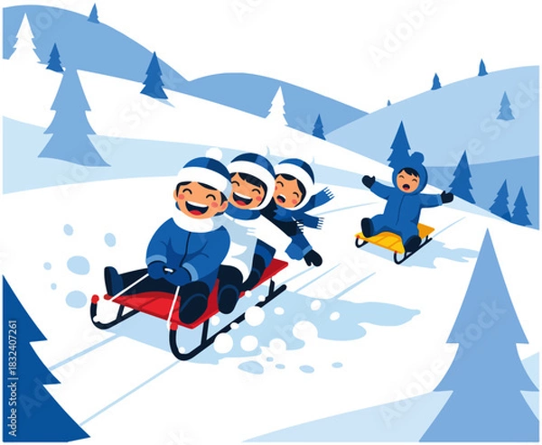 Obraz Children sledding down a snowy hill on a winter day, enjoying the cold weather.
