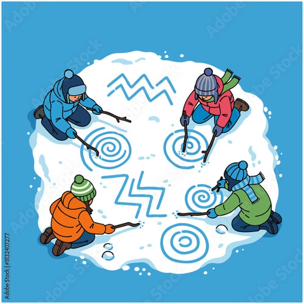 Obraz Children drawing in the snow with sticks, winter activity illustration.