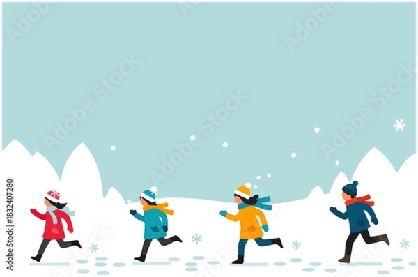 Obraz Children running in the snow, wearing winter clothes.