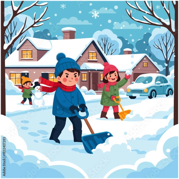 Obraz Happy children shoveling snow and playing outside their house on a snowy winter day.