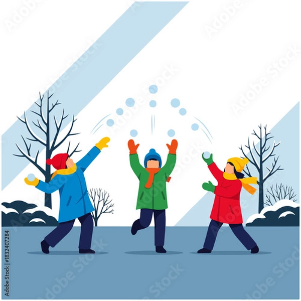 Obraz Three happy children in colorful winter coats having a fun snowball fight in a snowy park illustration.