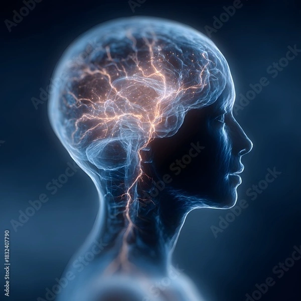 Obraz Human Brain Neural Network Activity Glowing head silhouette Image