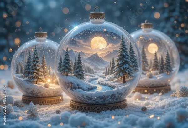 Fototapeta Magical Festive Snow Globe Ornaments with Detailed Winter Mountain Landscape, Blue and Gold Bokeh Lights 