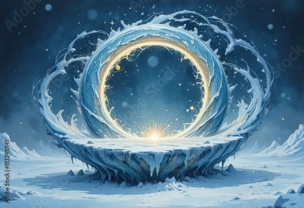 Fototapeta Abstract Frozen Crystal Portal Stage with Golden Energy in Deep Blue Winter Environment 