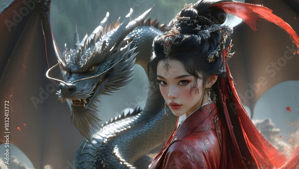 Obraz Chinese Warrior Confronting Dragon