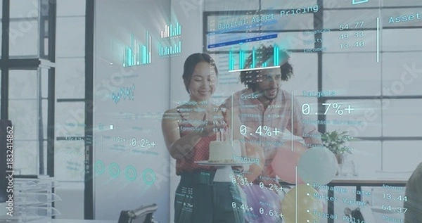 Fototapeta Celebrating three colleagues wearing business attire sharing lit cake in office, with financial HUD