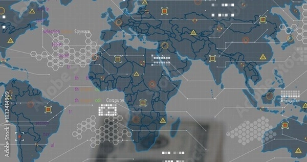 Obraz Showing stylized world map on dashboard with hex clusters, white connector lines, target nodes