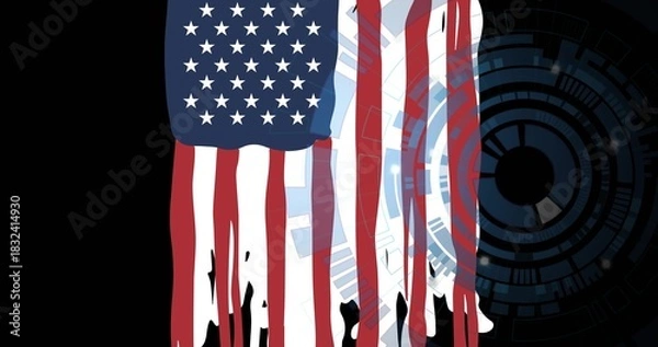 Fototapeta Displaying vertical US flag dripping over HUD rings against black field, with paint drips and bleed