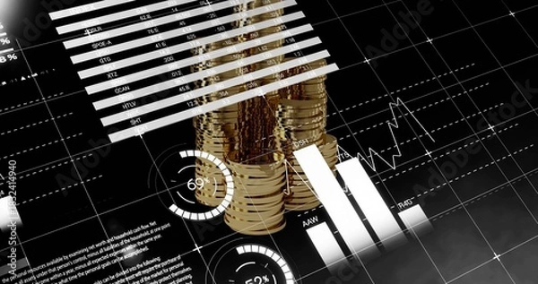 Obraz Displaying shiny gold coin stacks on digital dashboard, showing gauges, bar and line charts