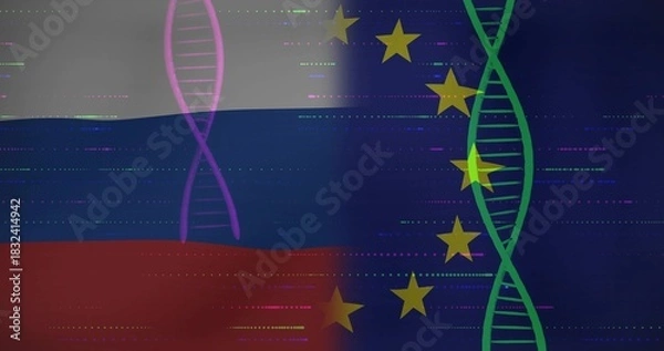 Fototapeta Displaying split digital composition at center, combining tricolor bands and stars with DNA helices