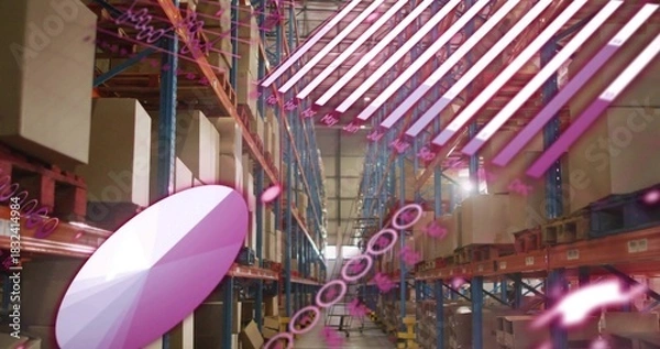 Fototapeta Showing central warehouse aisle featuring magenta holograms with blue pallet racking and boxes